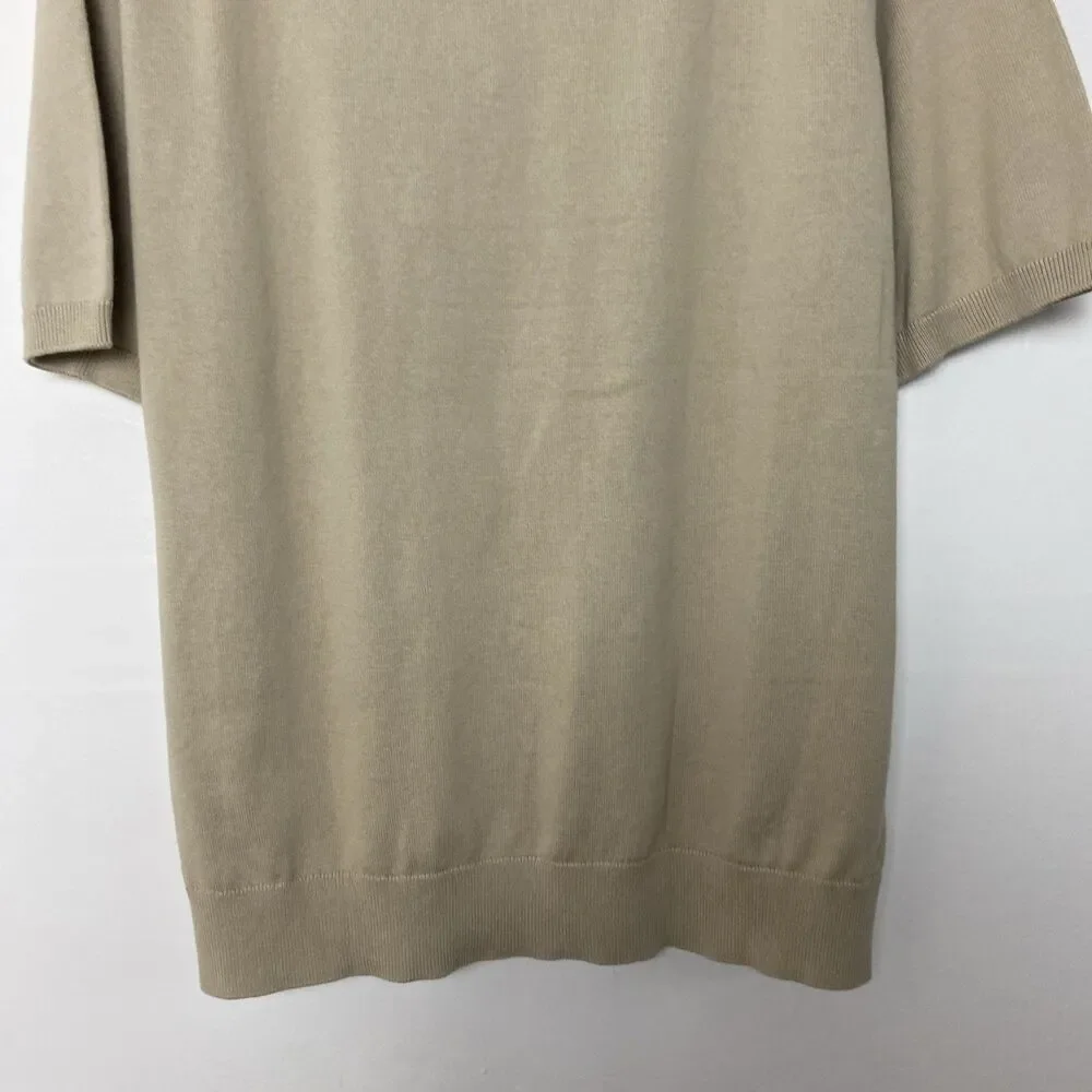 Elie Tahari Polo Shirt Sweater Mens XL Beige Tan Textured Knit Short Sleeve Zip